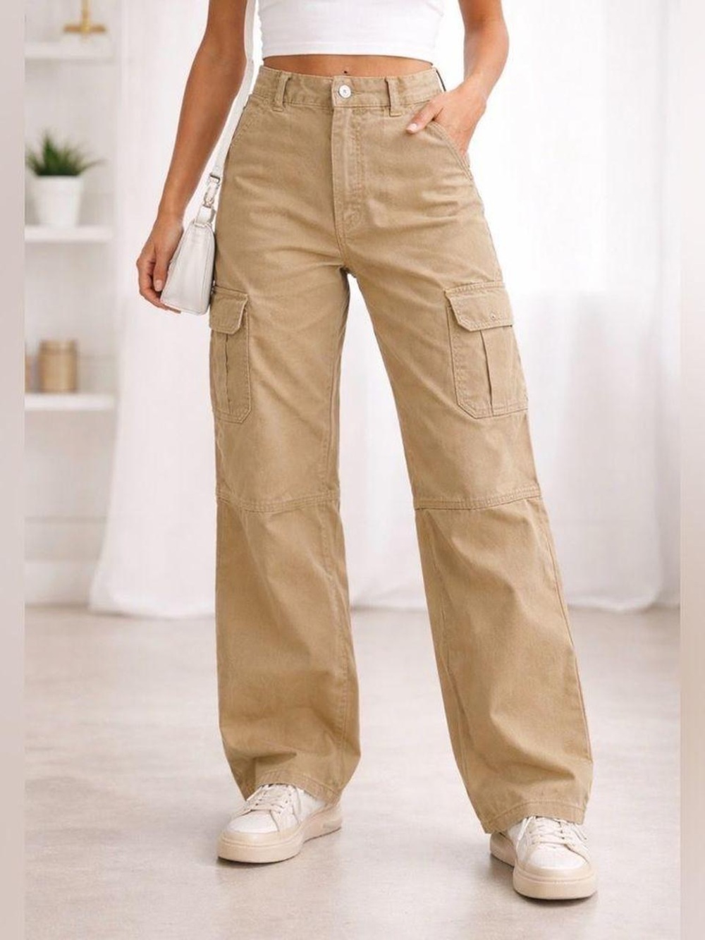Zara High-Waist Wide-Leg Cargo Pants - Khaki 8